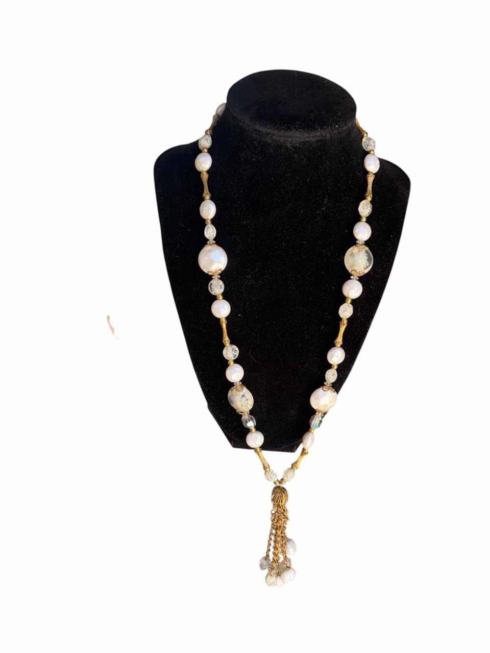 Stunning Vintage Faux Pearl, Foil Glass & Chain Tassel Statement Necklace